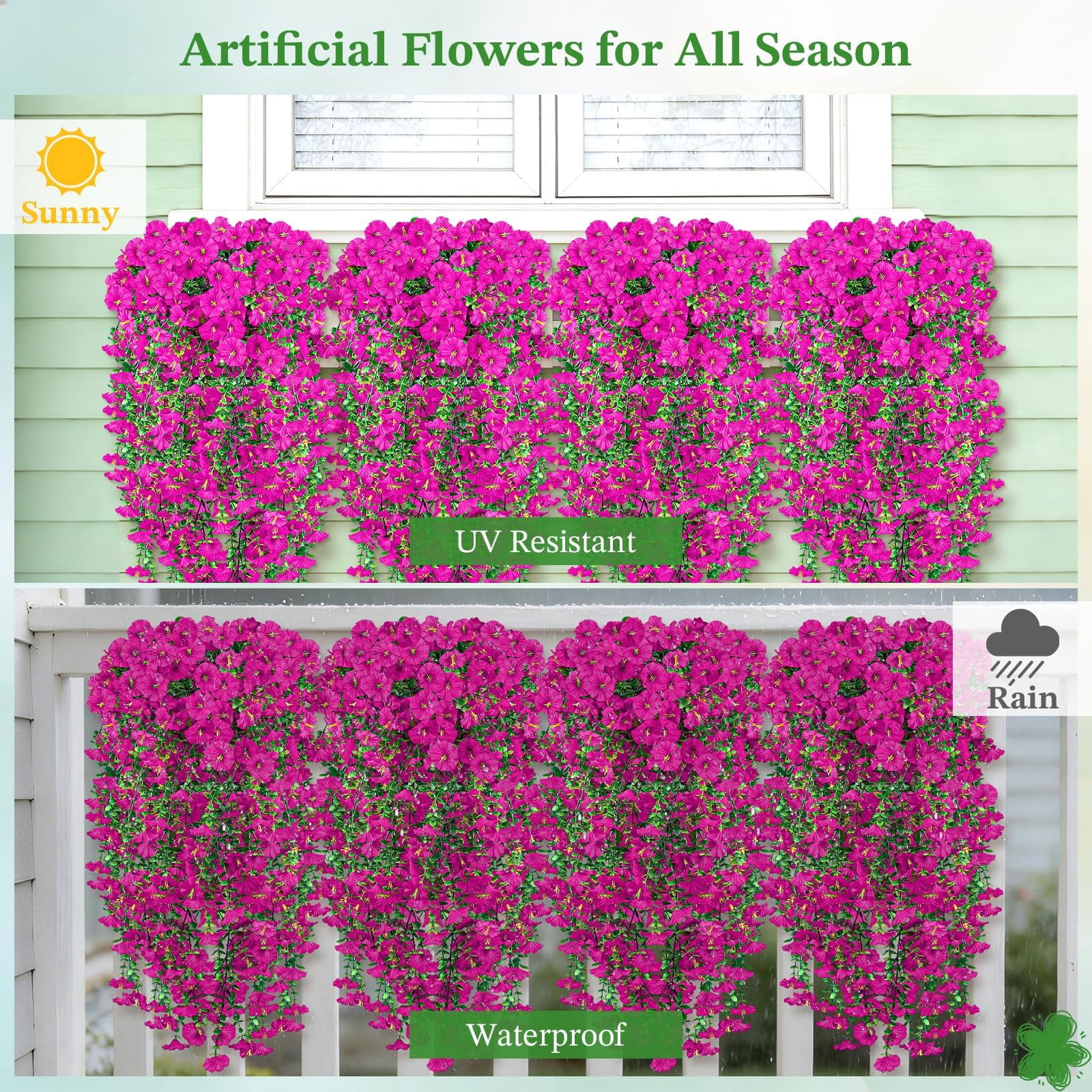 Artificial Hanging Flowers for Outdoors, 6 PCS Silk Morning Glory Artificial Flowers with Eucalyptus Leaves, UV Resistant Fake Flower Realistic Faux Plants for Home Patio Porch Garden0