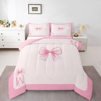 Homewish Initial Letter M Queen Comforter Set,Cute Cartoon Bow Bedding Sets,Pink Bowknot Bedding Comforter Set For Girl,Breathable Bedroom Decoration Reversible,3-Piece