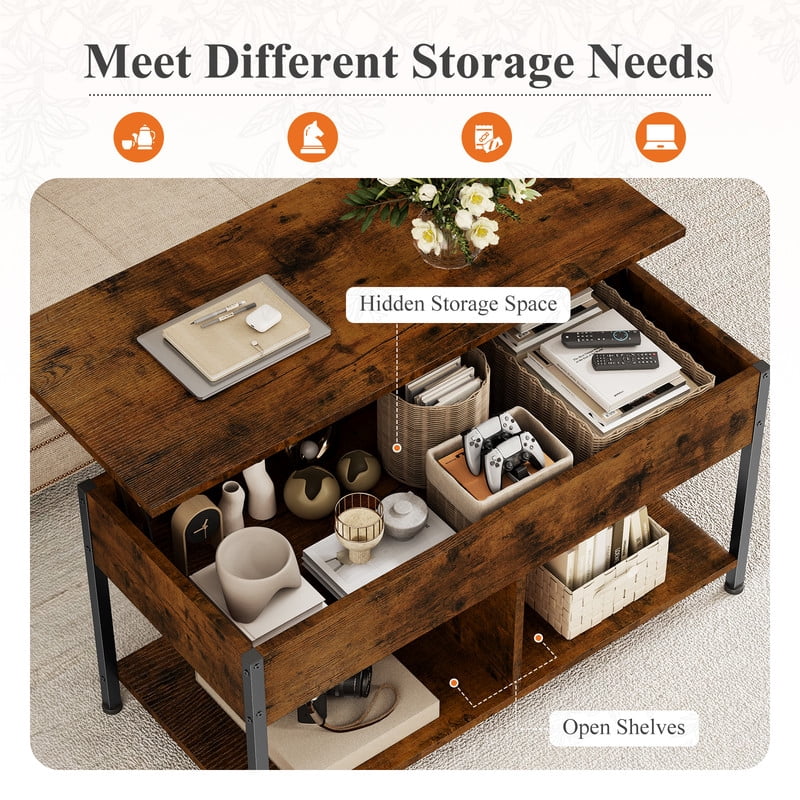Gianna Lift Top Coffee Table with Storage 39" Center Table with Hidden Compartment & 2 Shelves Farmhouse, Wood Coffee Table for Living Room with Sturdy Lift-Top Adjustable Feet，Brown