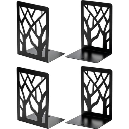 Book Ends 2 Pairs, Tree Design Modern Metal Bookends for Shelves, Heavy Duty Metal Book Stopper for Home Office, Black(4 Pack)