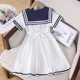 thumbnail image 4 of Vestido de verano de estilo pijo para niñas, nueva longitud de manga, Falda corta con cuello azul marino, ropa de verano para niños, 4 of 5