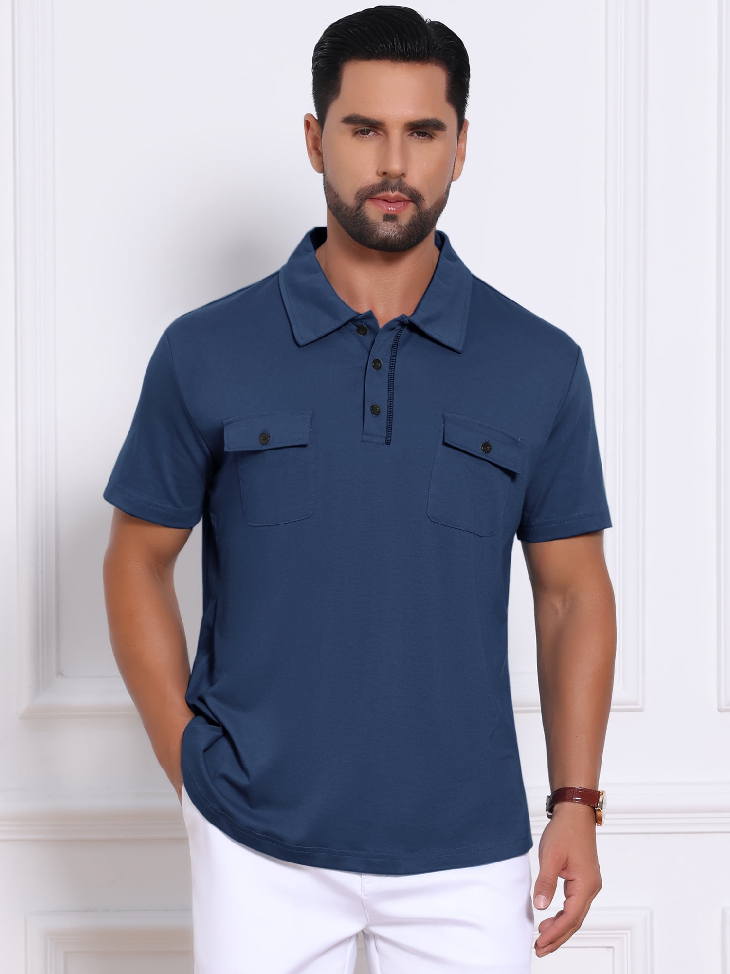 DARING DIVA Men's Collared Short Sleeve Double Chest Pockets Polo Shirt L Dark Blue