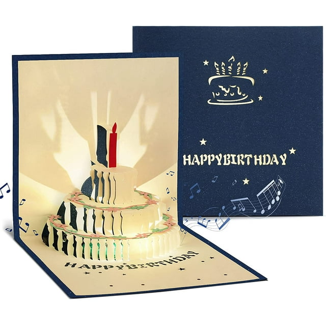 Tarjeta de cumpleaños (azul) para mujer y hombre, con música y luz, invitación de cumpleaños para niña y niño, tarjeta de felicitación 3D emergente con sobre.