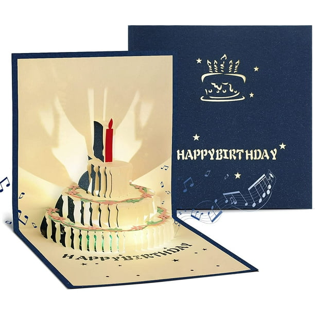 (Azul) Tarjeta de cumpleaños, tarjetas de felicitación para mujeres y hombres con música y luces, invitación de cumpleaños para niñas y niños, tarjeta de felicitación emergente 3D con sobre