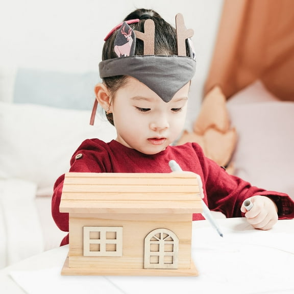 WHAMVOX Wooden House Storage Box Painting Blank Wood Holder Money Candy Container Desktop Home Box (House Storage Box)
