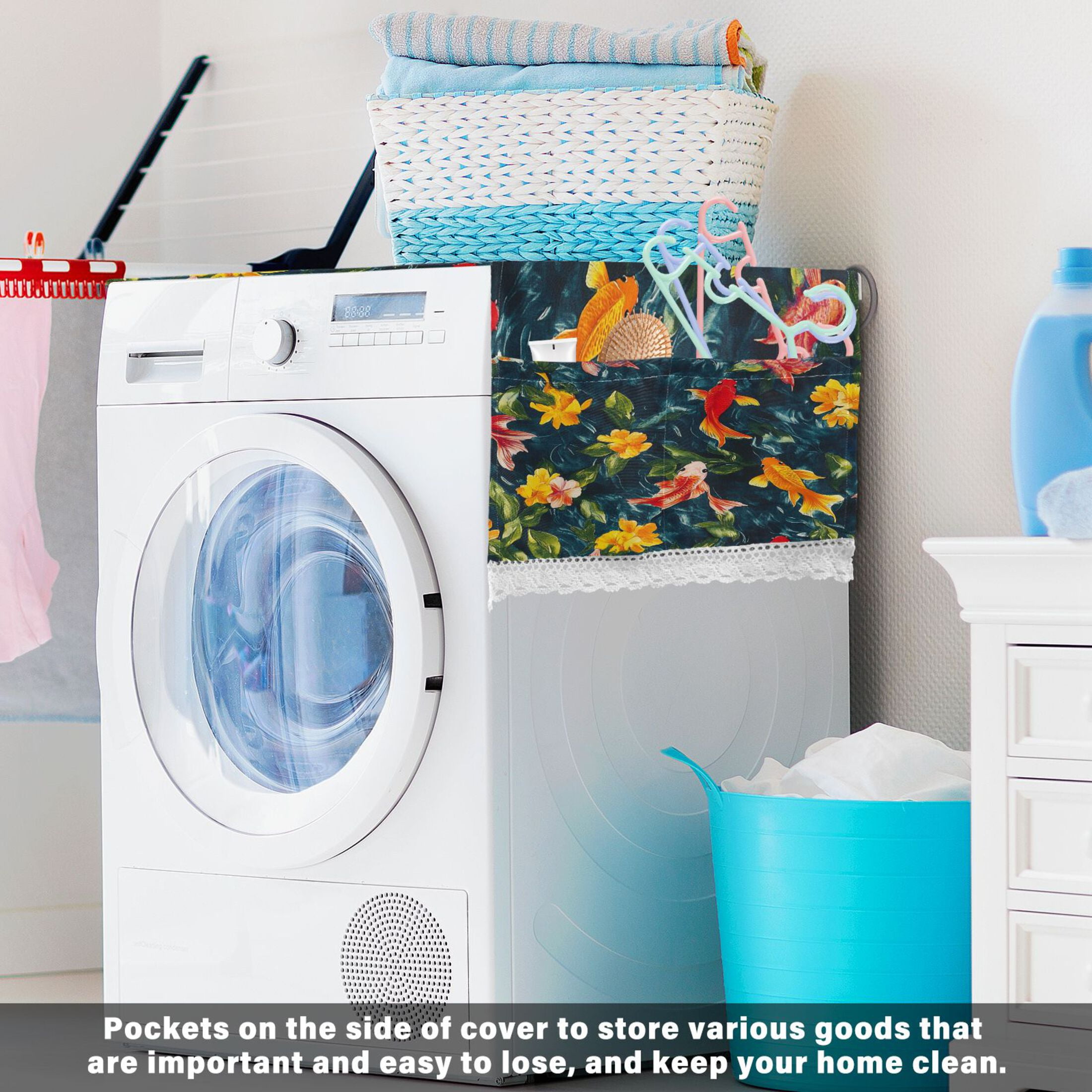 Colorful GoldfishWasher and Dryer Covers Dust-Proof and Oil Resistant Fridge Cover with 4 Storage Pockets Washing Machine Top Cover for Laundry Kitchen Home 51.2 x 22 In