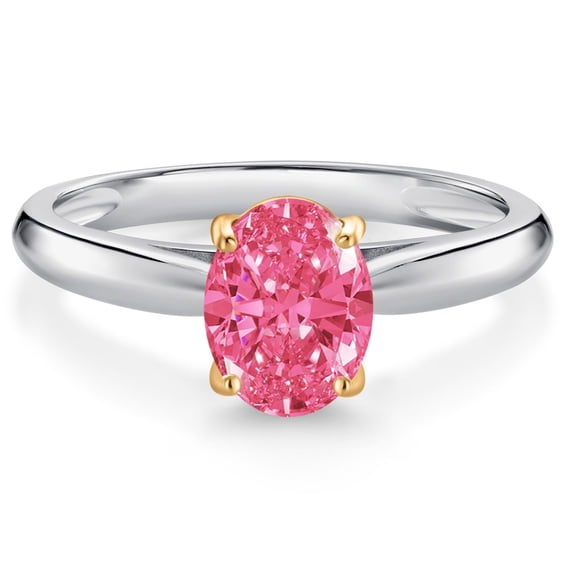 Gem Stone King 10K White and Yellow Gold Fancy Pink Zirconia Solitaire Engagement Ring for Women (1.21 Cttw, Oval 8X6MM, Gemstone Birthstone, Size 8)