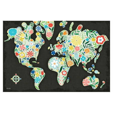 Beautiful Flower Filled World Map on Grey by Michael Mullan; Floral Decor; One 18x12in Unframed Paper