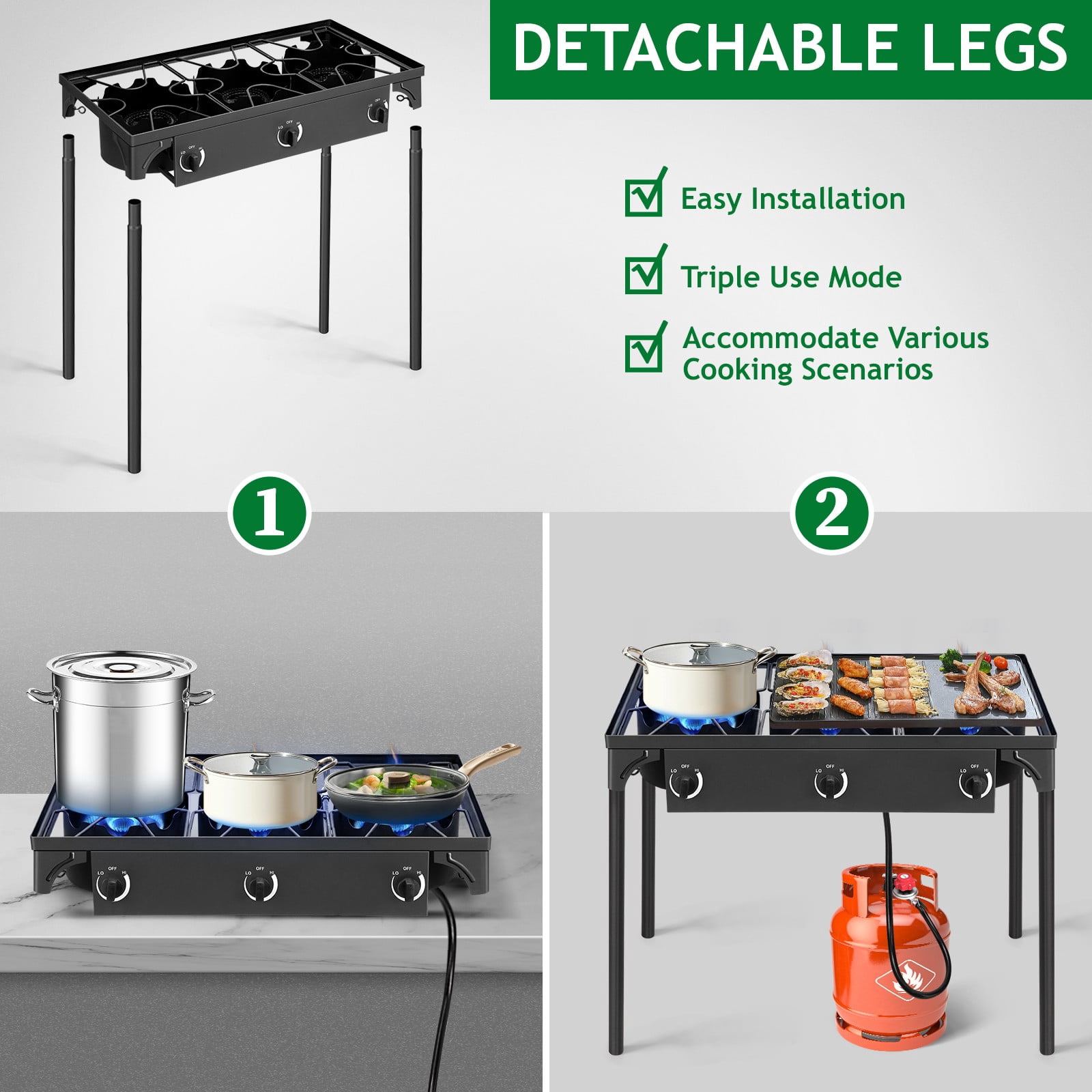 ZYPPP Portable Propane 225,000-BTU 3 Burner Gas Camping Picnic Stove BBQ Grill