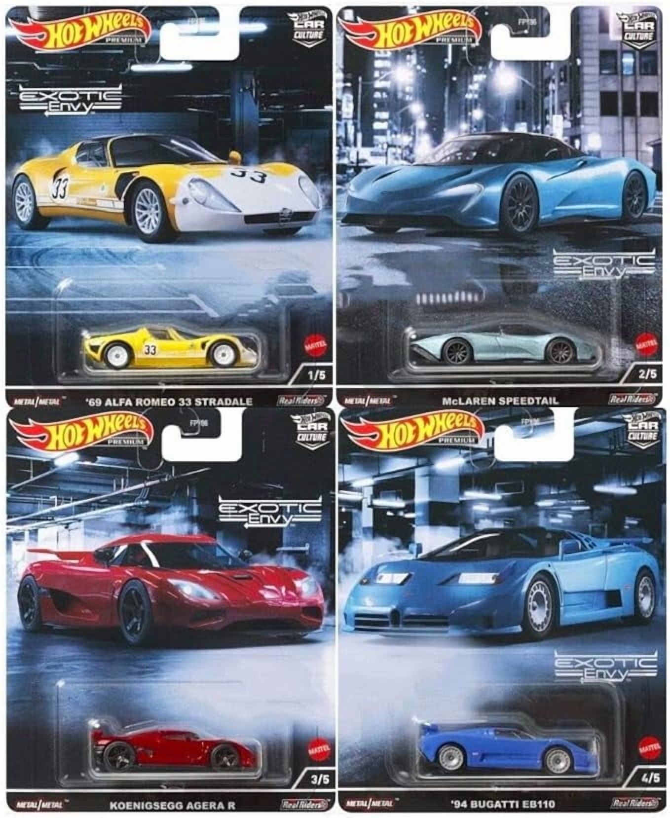 Hot Wheels Car Culture 2022 Exotic Envy 4‑Pack – Alfa Romeo 33 Stradale, McLaren Speedtail, Koenigsegg Agera R & Bugatti EB110 | FPY86‑957M | 1:64 Die‑Cast Collectible