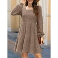 thumbnail image 3 of Womens Square Neck Long Sleeve Fall Dresses Casual Babydoll Sweater Dress Khaki L, 3 of 6