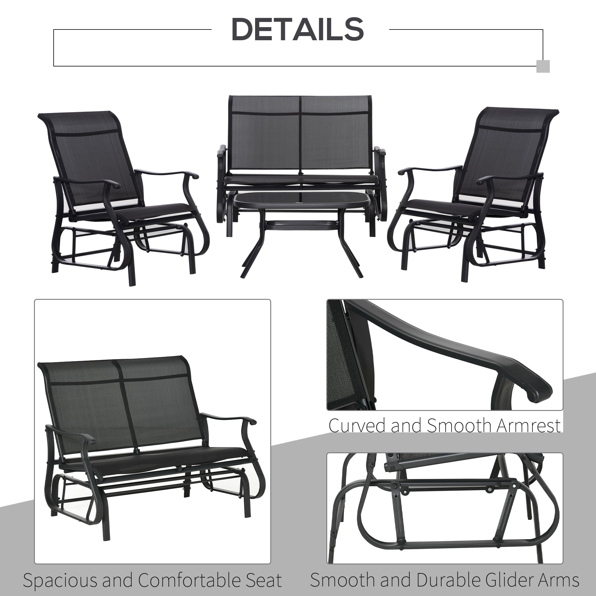 Outsunny 4 Pieces Gliders Set, Outdoor Furniture Sets with 2-Person Glider Patio Bench, Single Sling Chair and Glass Coffee Table, Black