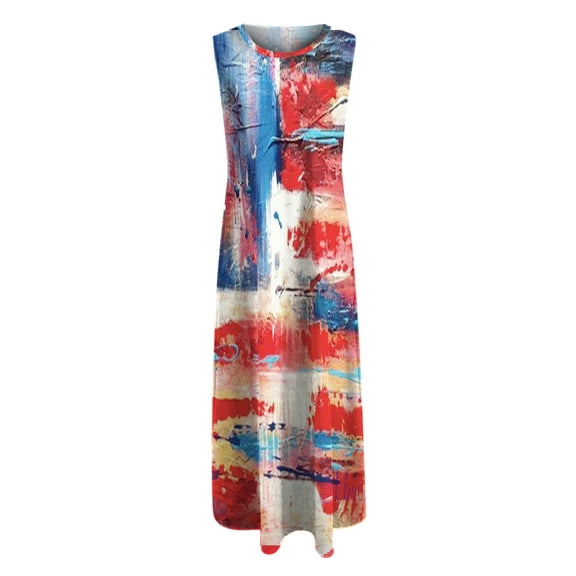 Ichuanyi Dresses for Women 2022, Fall Women Casual Fashion Independence Day Sleeveless Printed Summer O-Neck Dress