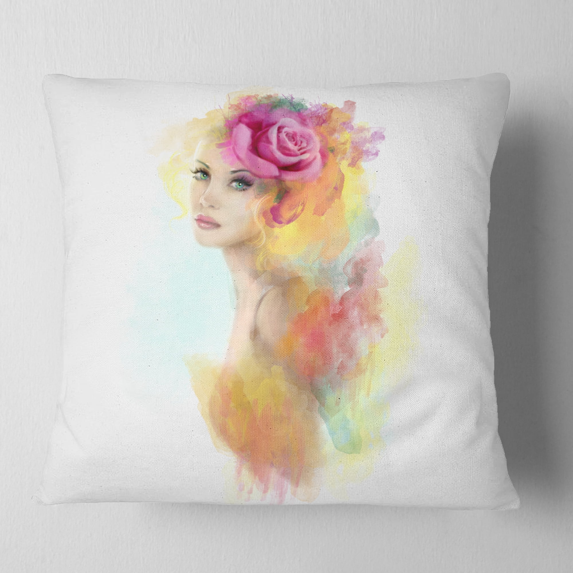 Designart Summer Woman with Flowers - Floral Painting Throw Pillow - 16x16