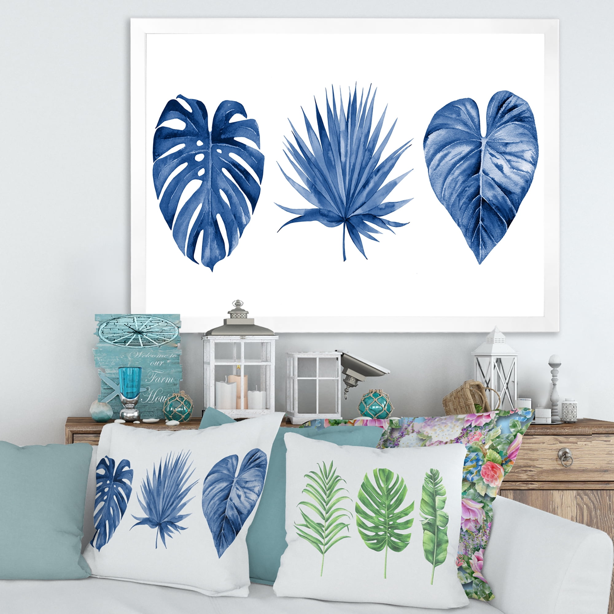 Designart 'Tropical Leaves In Classic Blue ' Tropical Framed Art Print