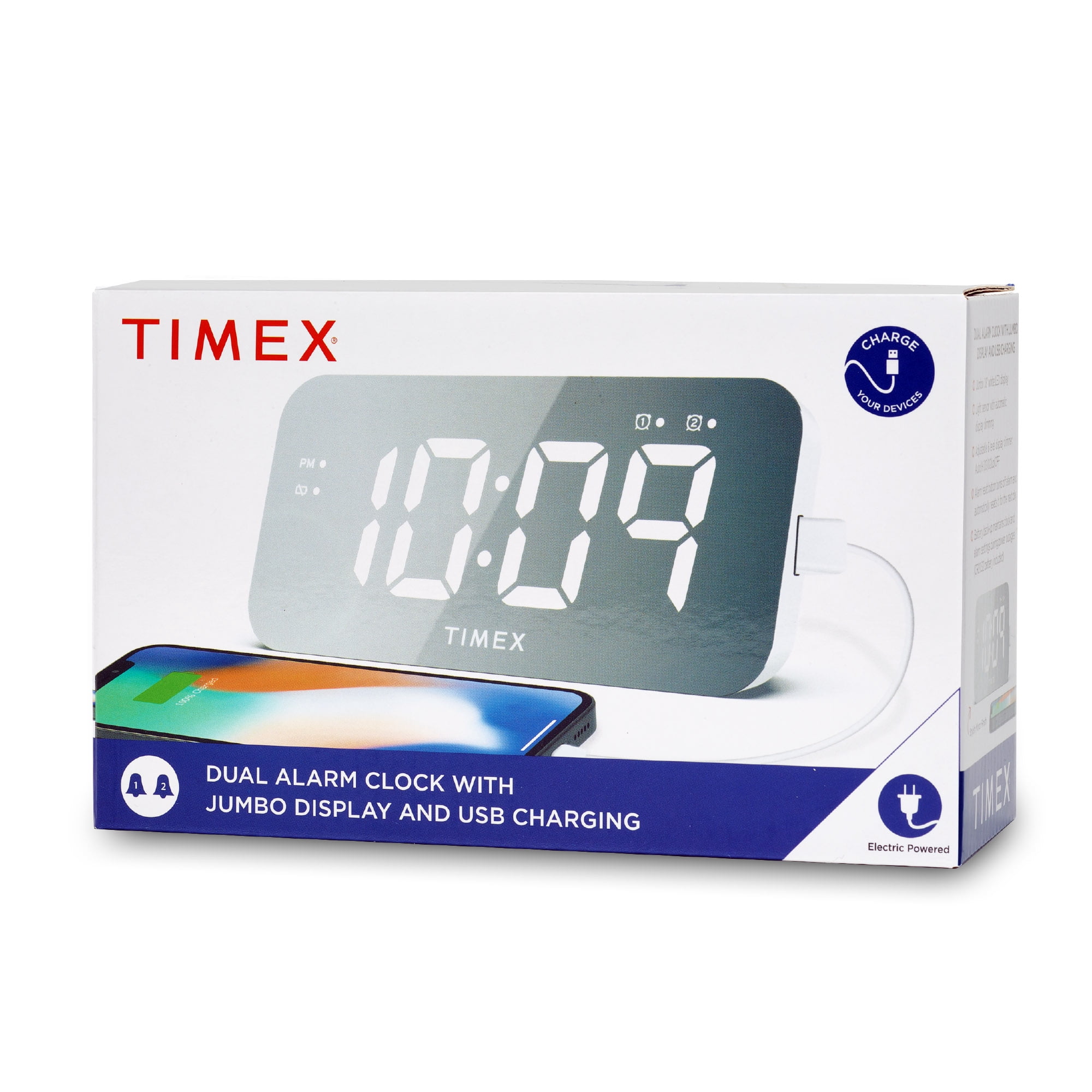 Timex Alarm Clock with USB Charger (5W) and Large Display (T1320W)