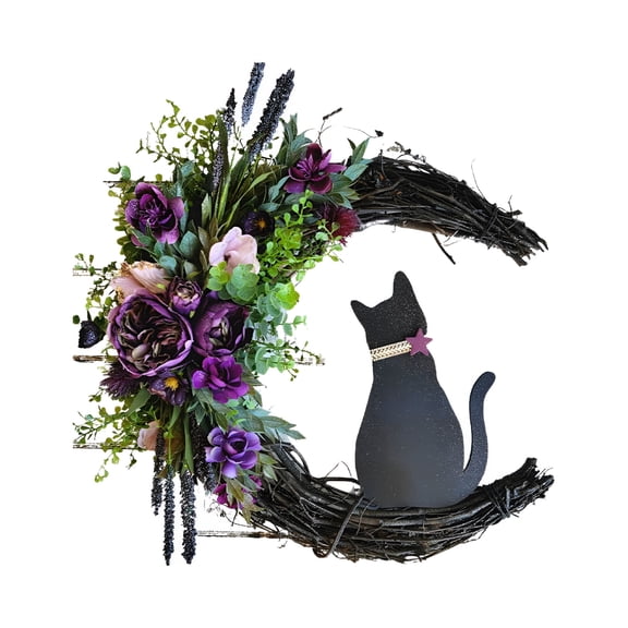 LAMIRO Halloween Moon Cat Wreath Door Decorations Festival Twigs Kittens Artificial Flowers Moon Cat Shape Wreath