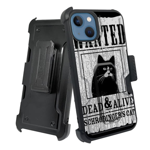 ANJ  Rugged Shockproof Holster Case w/Card Slot, Kickstand   Tempered Glass for iPhone 13 (6.1") - Wanted Cat