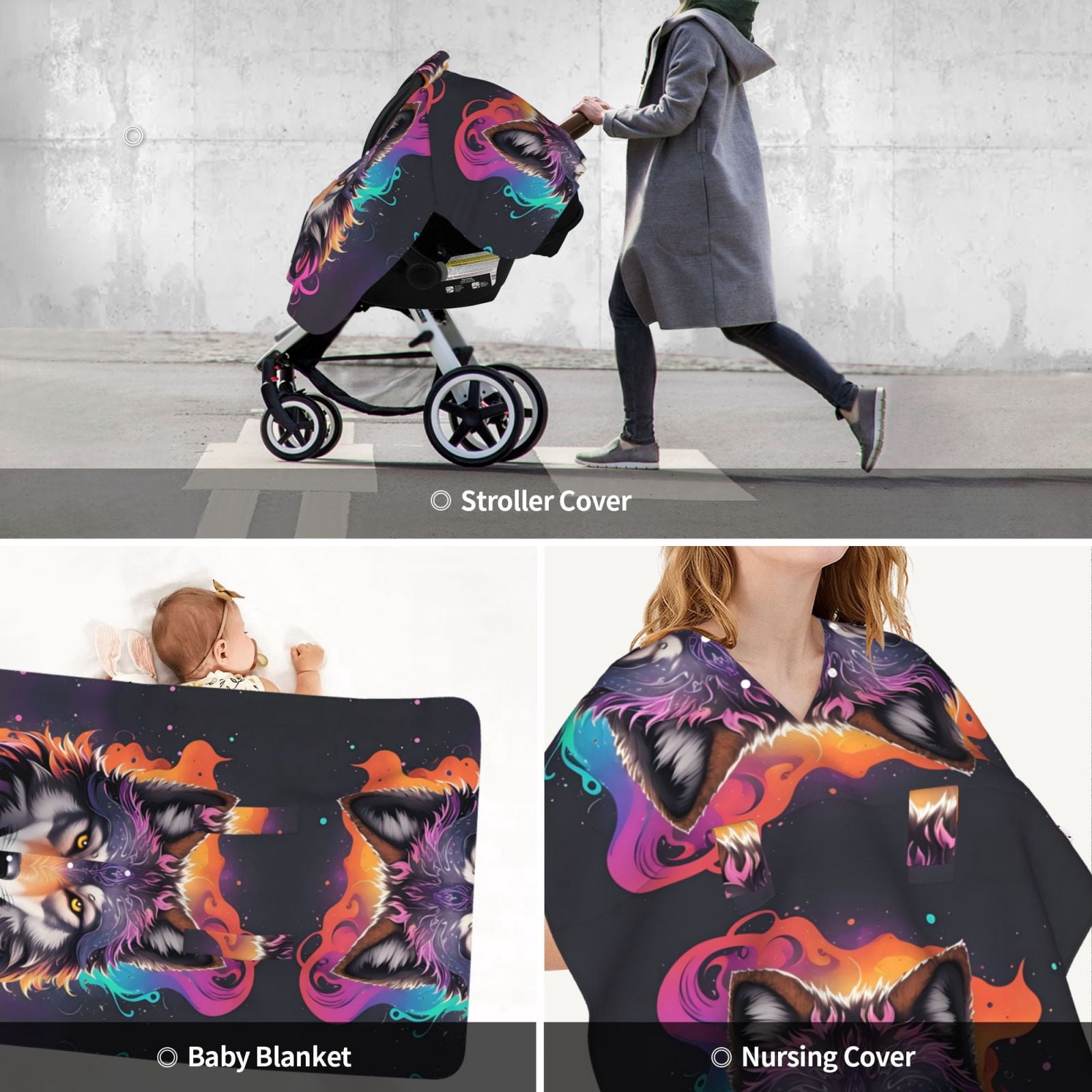 Car Seat Cover Baby - Colorful Wolf Head A Breathable Infant Car Seat Cover for Baby Carseat, Lightweight Comfort Baby Essentials Must Haves Newborn Stuff for Girl Boy