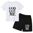 thumbnail image 2 of Conjunto de 2 piezas de camiseta y pantalones cortos con estampado de letras para niños y adolescentes de verano de 4 a 14 años, ropa informal de manga corta para niños y niñas, 2 of 5