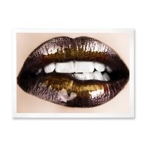 Designart 'Gold Black Lips Biting' Modern Framed Art Print