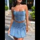 thumbnail image 5 of Conjunto de Dos Piezas de Jeans para Mujer, Top Corto Sin Mangas con Hombros Descubiertos y Falda Plisada de Mezclilla Azul XL, 5 of 9
