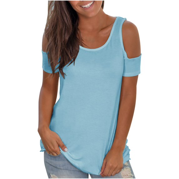 asdoklhq Juniors Plus Tops & T-Shirts,Women's Cold Shoulder Tops Open Back Short Sleeve Solid T Shirt Casual Loose Backless Tee Blouses