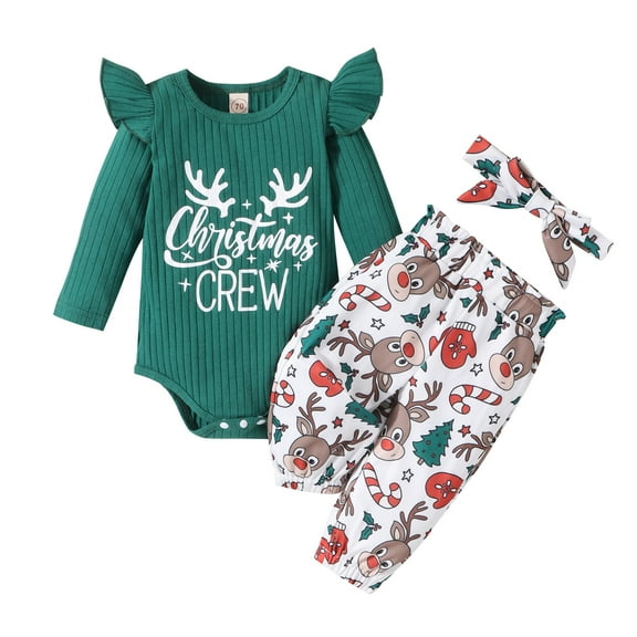 Christmas Clothes Baby Clothes Set 6M 12M 18M 24M 3 Pcs Sets Long Sleeve Romper Tops Cartoon Print Pants Headband Cotton Baby Clothing