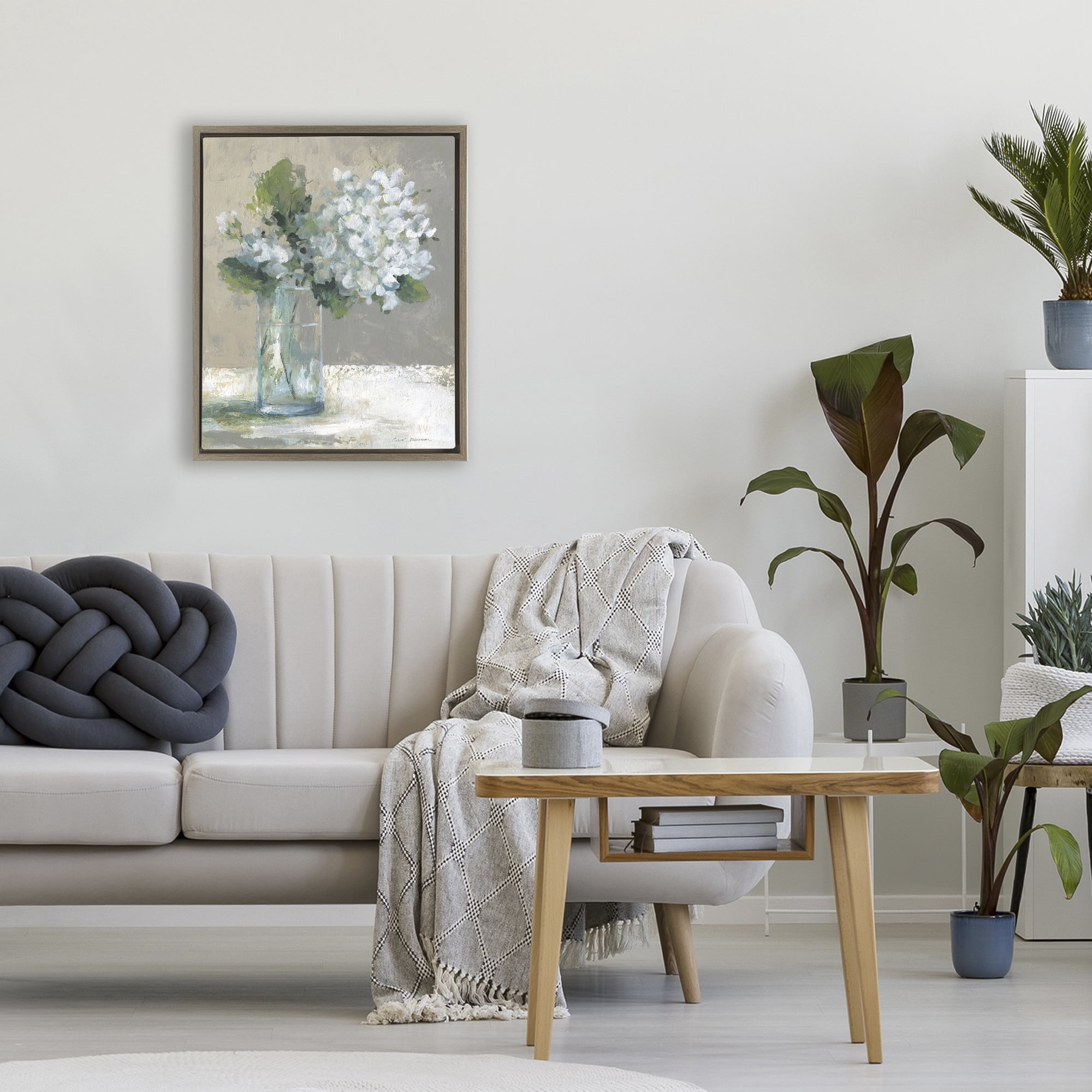 Stupell Industries Serene White Hydrangeas in Glass Brown Framed Floater Canvas Wall Art, design by Carol Robinson