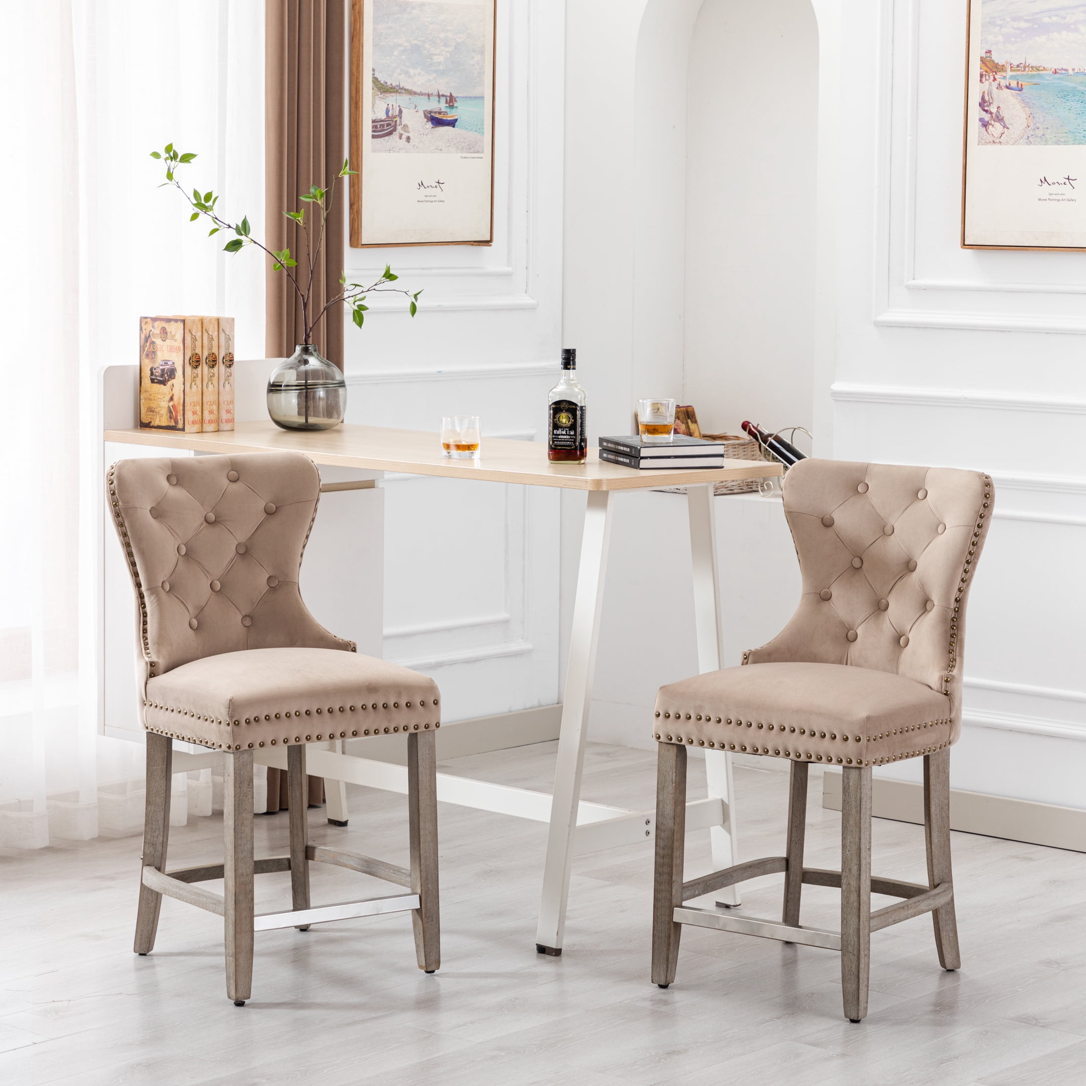 Westin Outdoor 24" Tufted Velvet Bar Stool (Set of 2), Antique Gray/Velvet Taupe