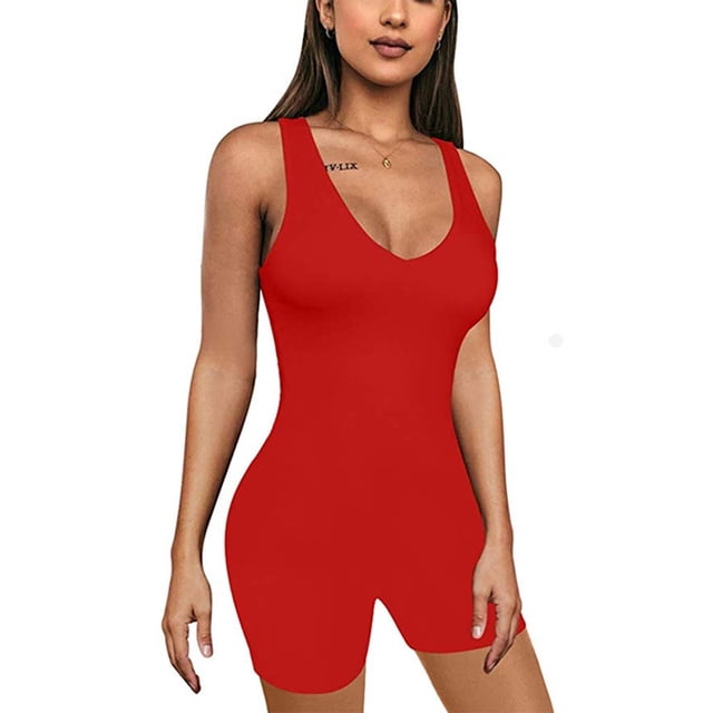 Women's Sexy One Piece Bodysuit Sleeveless Solid Color V Neck Bodycon Tank Top Short Rompers Jumpsuit