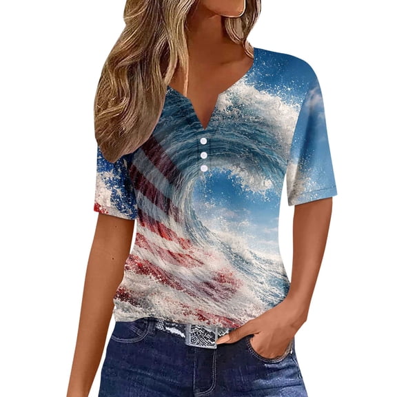 CONZONE 4Th Of July Womens T-Shirts Short Sleeve Independence Day T Shirts for Women Casual V Neck Patriotic America Flag Graphic Lightweight Tees Soft Cozy Tops