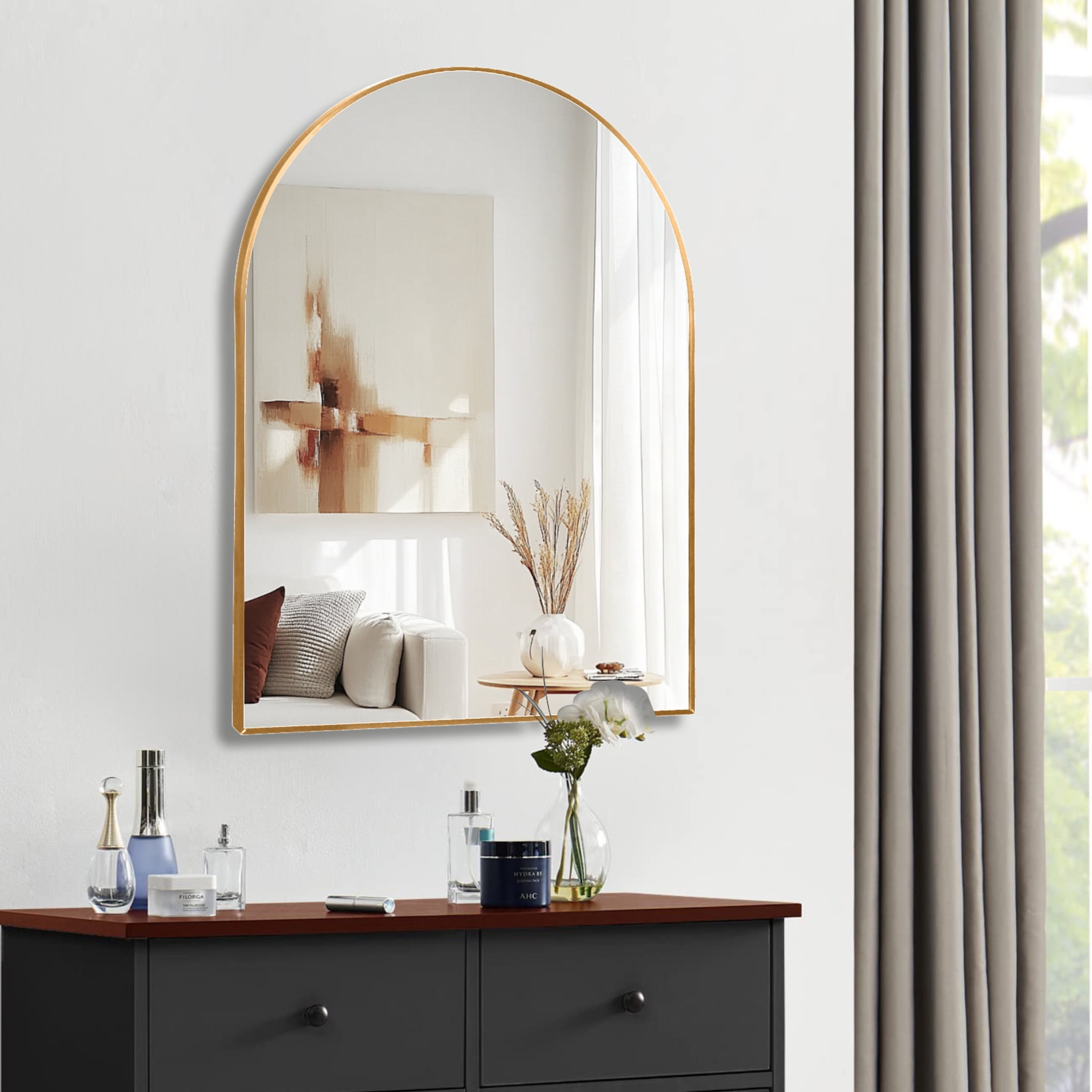 Noble House 30"x40" Arched Metal Wall Mirror, Vanity Mirror for Bathroom, Bedroom & Living Room, Gold