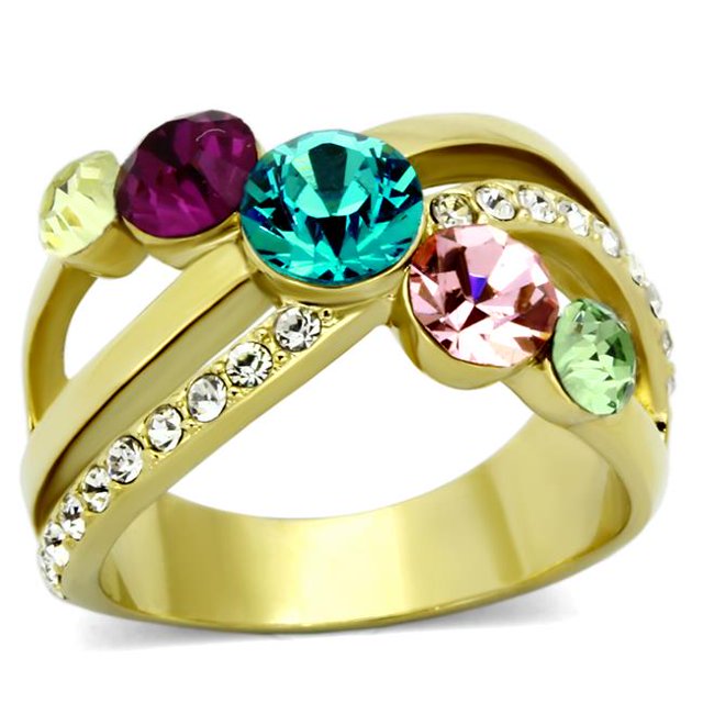 Femmes IP Or Bague en Acier Inoxydable avec Cristal de Qualité Supérieure en Multi Couleur - Taille 9