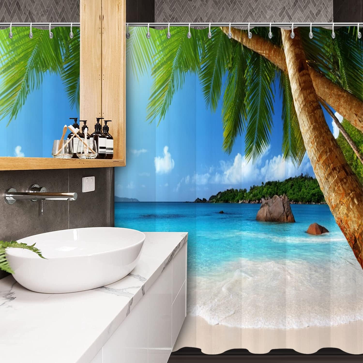 Ocean Beach Shower Curtain, Summer Seaside Tropical Paradise Blue Sky Palm Tree Island Bathroom Curtain Waterproof Fabric Machine Washable with 12 Hooks