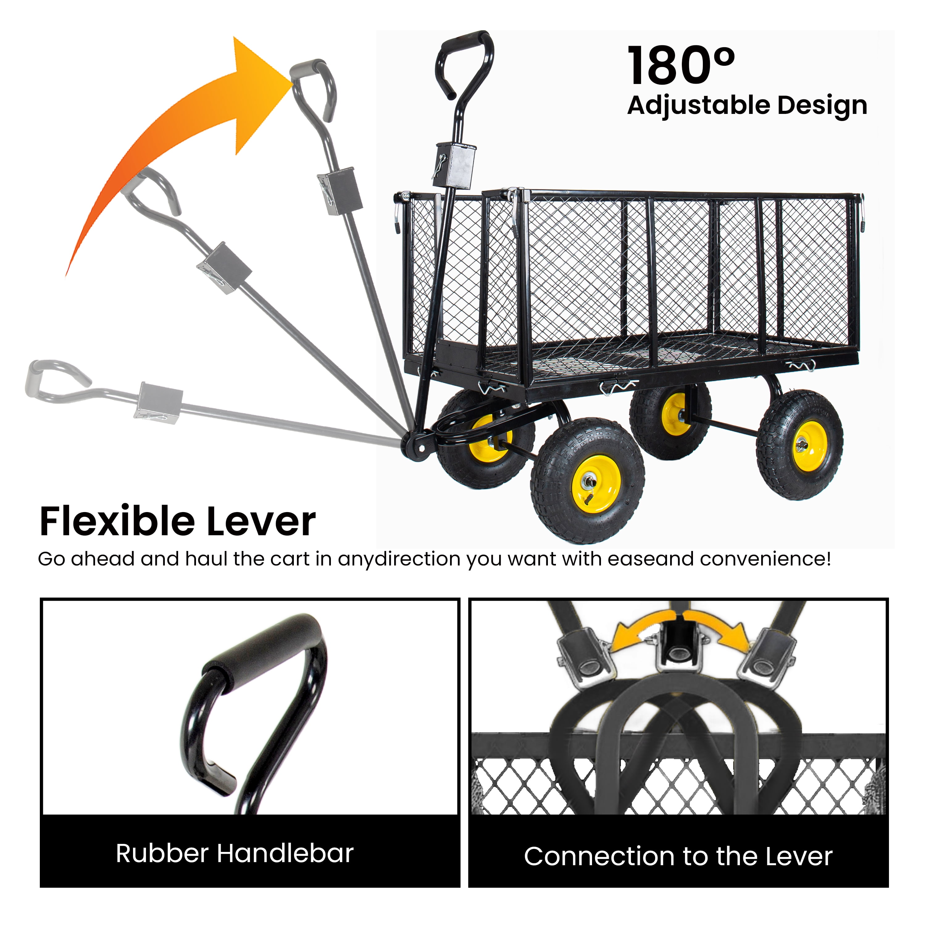 Steel Garden Cart, 3-in-1 Oversized 880 lbs Mesh Metal Pullable Cart with Removable Liner for Lawn Garden Backyard, Black