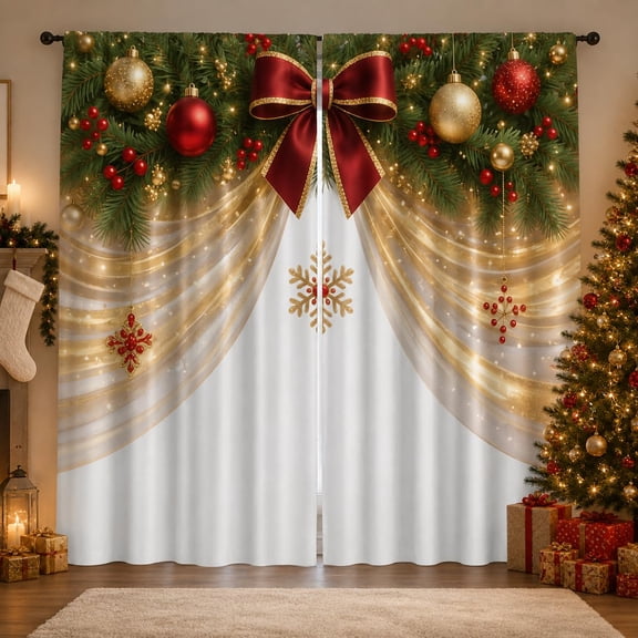 2 Pieces Christmas Ball Holiday Printed Curtains, Winter Scene Drapes, Festive Window Decor with Ornament, Ribbon and Pine Patterns for Bedroom Kitchen Living Room