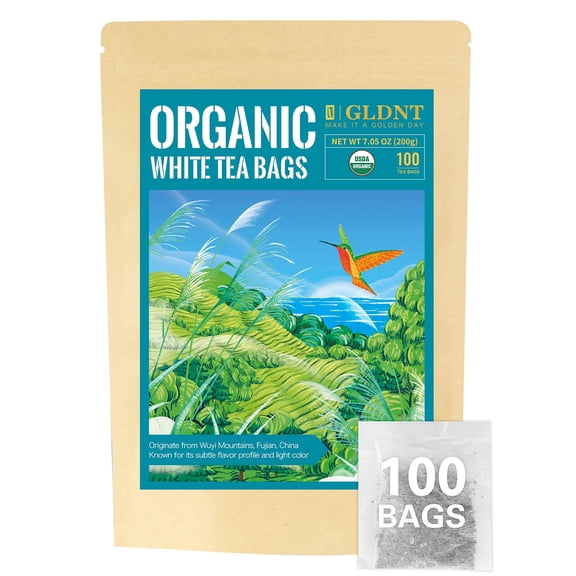 GLDNT Organic White Tea Bags, Premium Organic White Tea, Delicate Flavor, Caffeinated, 100 Count