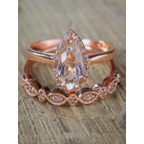 Sale On 2 Carat Pear Shape Morganite And Diamond Moissanite Halo Bridal Wedding Ring Set Antique Vintage Design Milgrain In 10K Rose Gold For Women, Promise Ring, Anniversary Gift