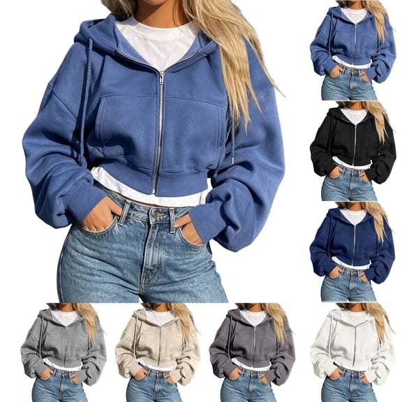 Ihhxva Women's Cropped Zip Hoodie with Pockets - Loose Fit Oversized Top Casual Streetwear Cotton Sweatshirt for Spring Fall Layering S-2XL