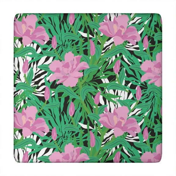 Vibrant Square Tablecloth with Elastic Edge Fit, Botanical Jungle Leaves and Palm Leaf Prints, Waterproof and Easy to Clean Vinyl Table Cover, Backed for Secure Fit