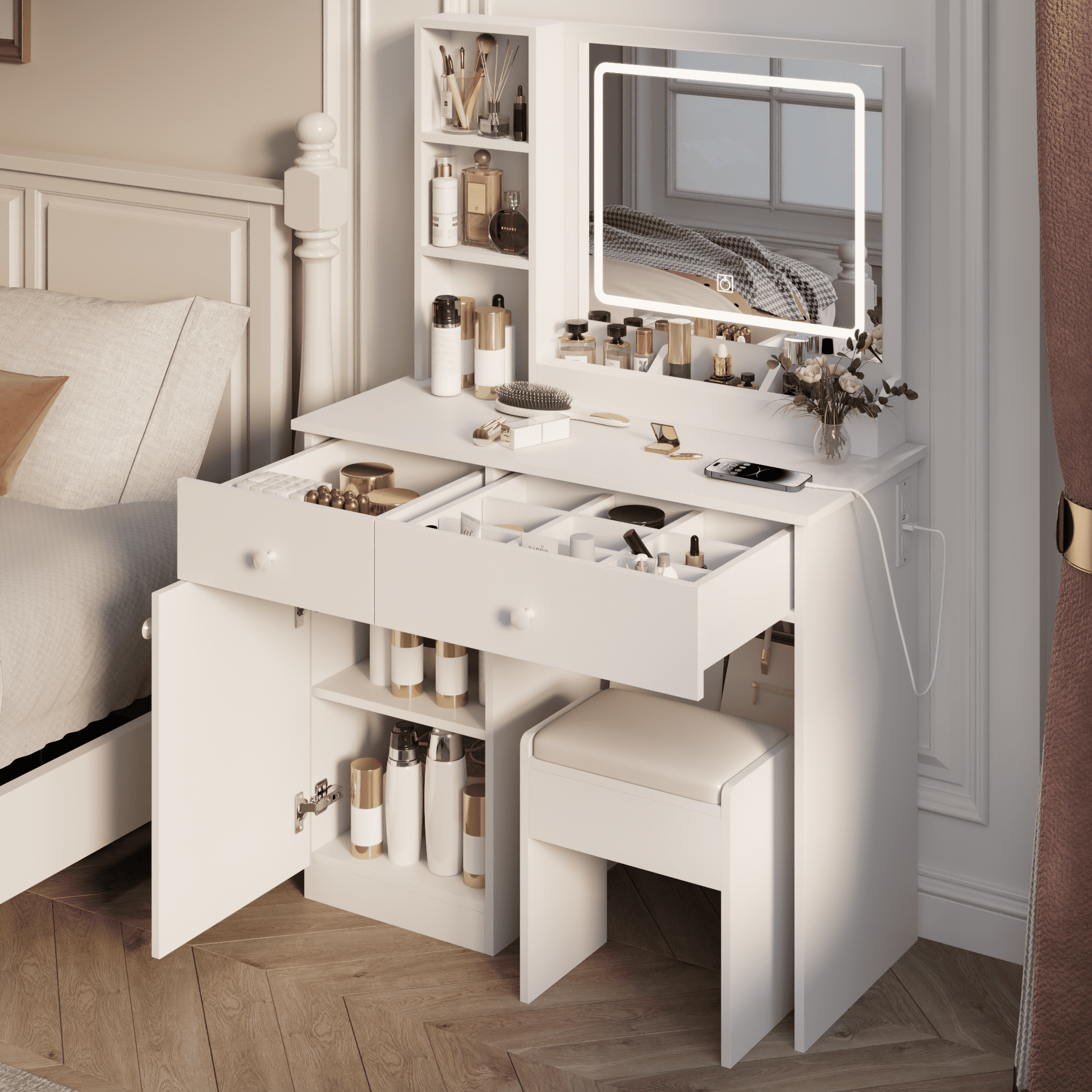 Mintazer Dressing Table with LED Mirror, Divided Drawers & Side Cabinet, Cosmetic Vanity Desk with Padded Stool & Open Storage Shelves for Bedroom Apartments, White