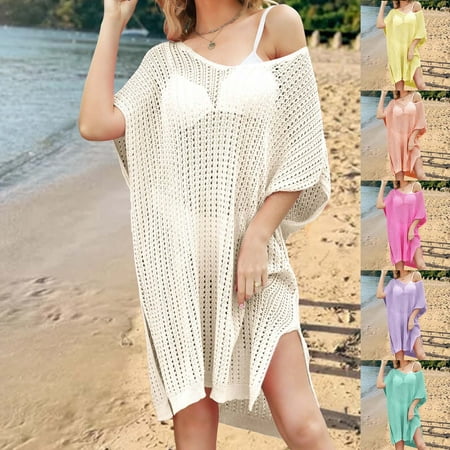 Axiiglly Swimsuit Coverup for Women Solid Color Vacation Dresses Loose Summer Bathing Suit Cover Up Short Sleeve Swimwear Cover Ups Side Split Bikini Beach Cover Ups