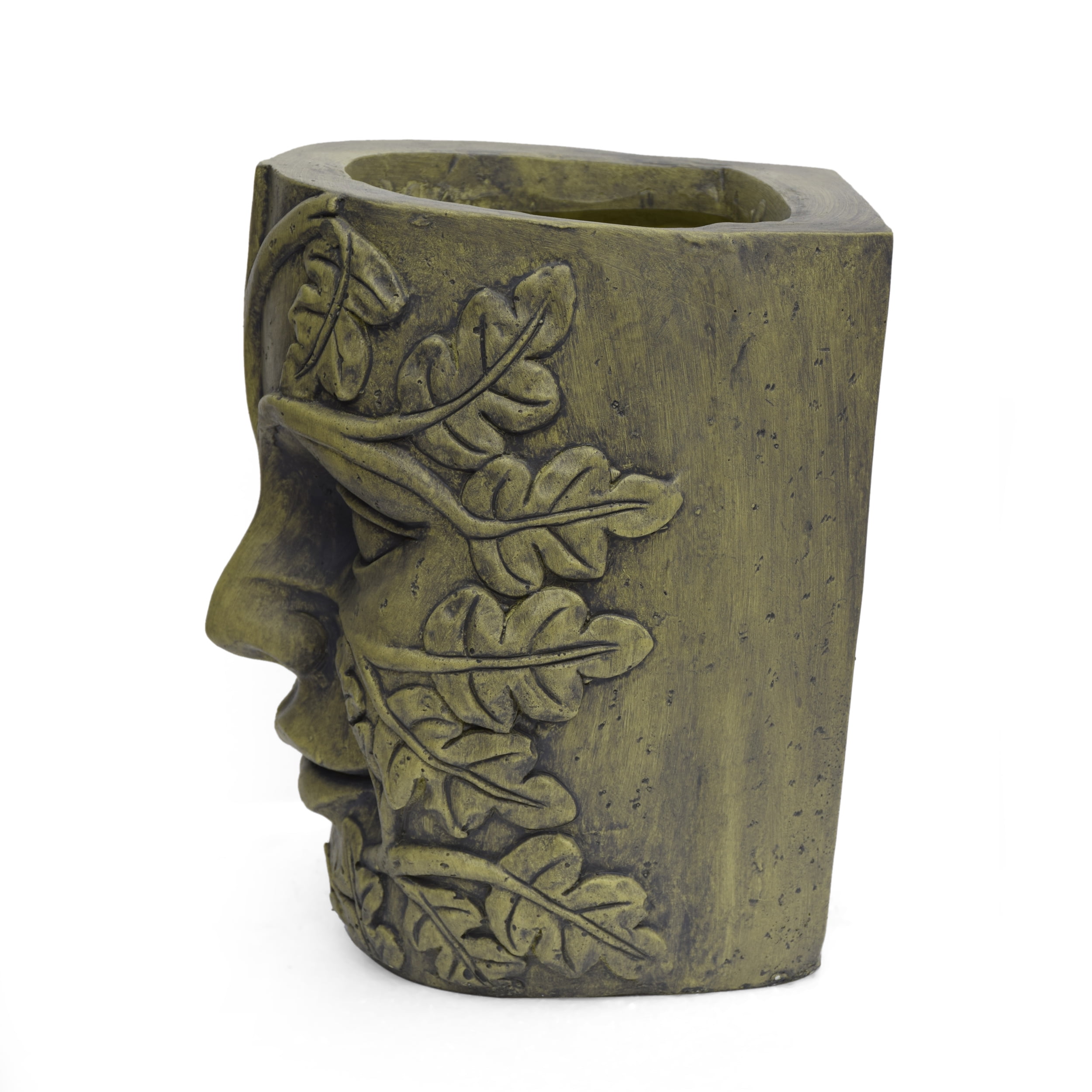 Lucian Outdoor Stone Mother Earth Urn, Antique Green