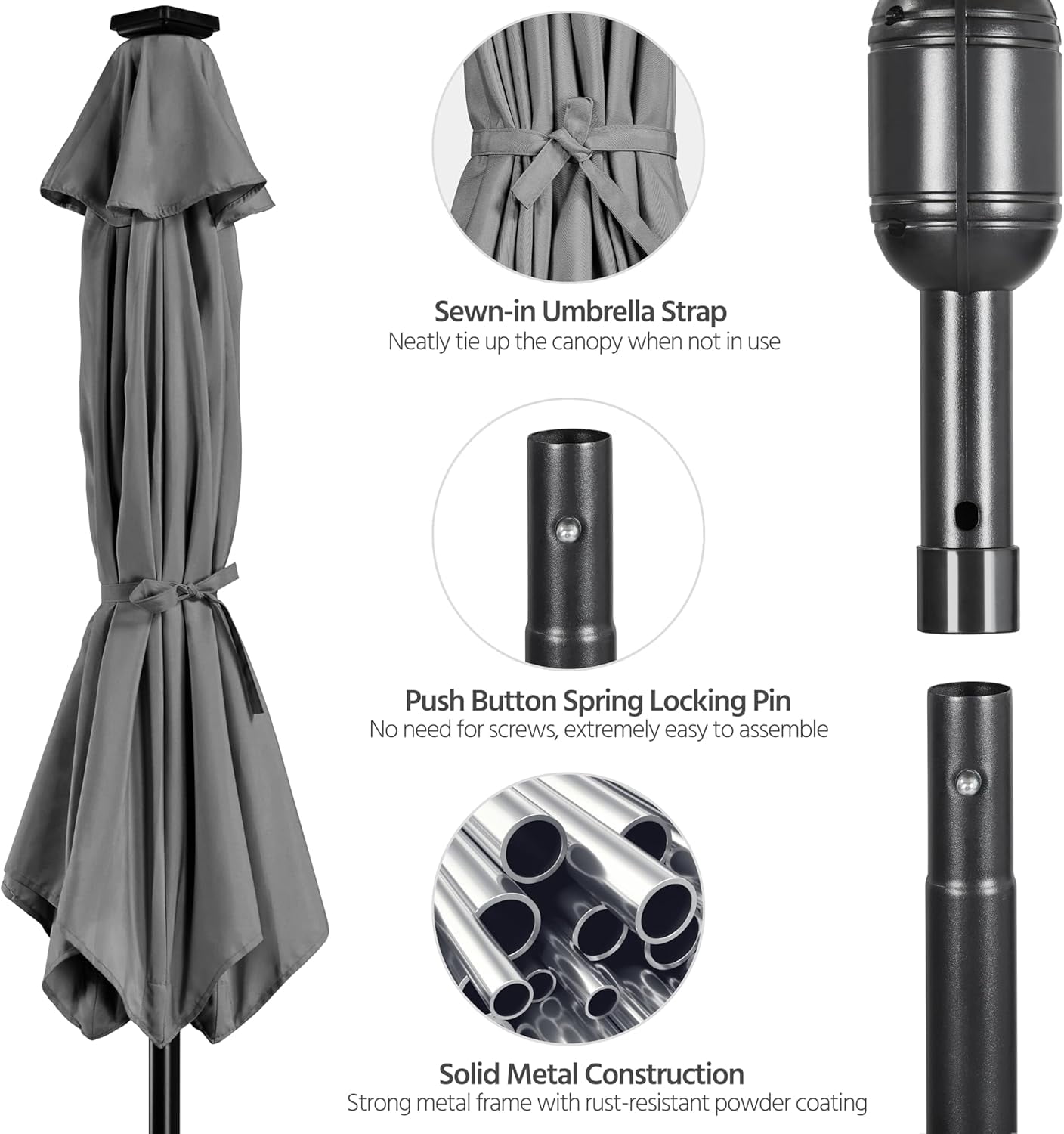 7.5 ft Solar LED Patio Umbrella with Tilt and Crank, Market Style Sunshade for Outdoor Use, Grey