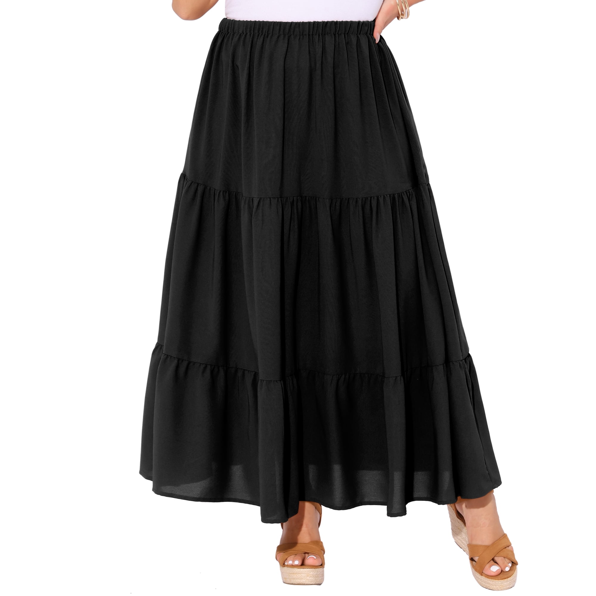 DARING DIVA Women's Plus Swing Maxi Elastic High Waist Boho Flowy Skirts 4X Black