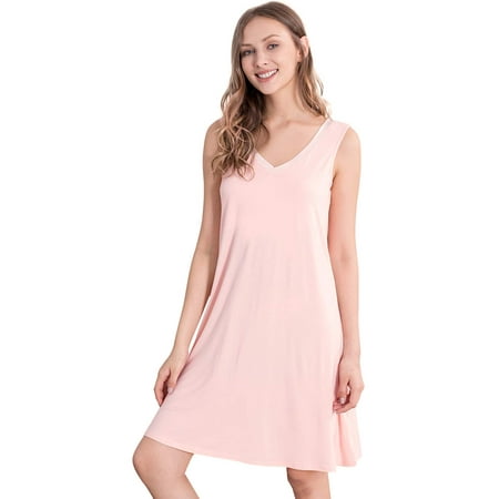 

WiWi Bamboo nightgown for women Sleeveless Sleepwear Lightweight V Neck Sleep Shirt Plus Size Sleep Dress S-2X Pink Small