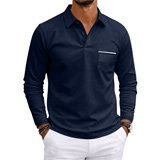 WULMLEO Men's Long Sleeve Polo Shirts 2026 Fashion Casual Polo T Shirt Slim Fit Shirt Collared Office Work Golf Polo Shirt Navy 2XL