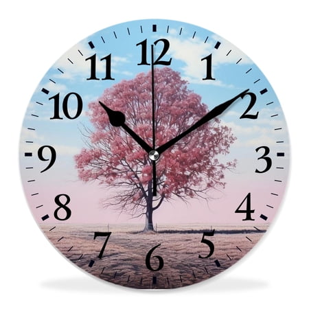 12 Inch Wall Clock Battery Operated Silent Clock Decorative for Office, Kitchen, Outdoor, Living Room，Nature Rural Scene Sky Clouds Lonely Tree on Grassy Meadow Exquisite
