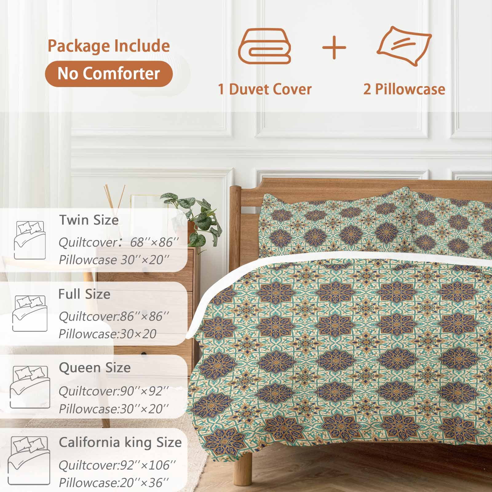 Mediterranean Bedding 3 Piece Duvet Cover Set Full Size, Vintage Morocco Abstract Pattern Brown Green Microfiber Comforter Cover with Zipper Closure & Pillowcases, Wrinkle & FadeResistant Quilt Cover